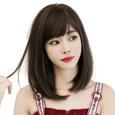 HiYuni 齊瀏海中短髮豐盈離子燙整頂假髮 36cm + 髮網 + 支架組, 炭黑色, 1個