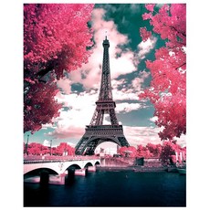 KMELLIE 帆布畫框一體成型 3D 圓形 鑽石畫 DIY 套組 50 x 40 cm, 艾菲爾鐵塔全景, 1套