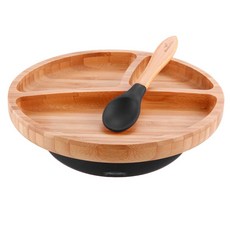 아반치 대나무 흡착볼 흡착식판 이유식기 유아식기 토들러 흡착 플레이트 세트, 블랙, 플레이트 + 스푼, 1세트