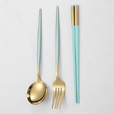 粉彩金色不鏽鋼便攜餐具+收納盒組, 淺豆綠, 湯匙+筷子+叉子+收納盒, 1套