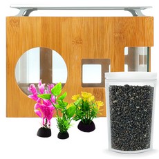 Aquatera 木質魚缸 AMZW30+魚缸裝飾仿真植物 3入+造景石 1kg+LED燈組, 黑沙（地材），隨機發貨（水草）