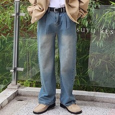 더액션 남성용 원턱 반밴딩 와이드 데님 팬츠 P3100