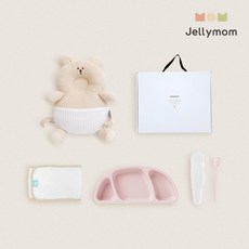 jellymom 新生兒禮盒 護頭防摔背帶枕+矽膠托盤+輔食湯匙+包巾組, 小熊燕麥片(保護套)、嬰兒粉紅(盤子)、嬰兒粉紅(湯匙), 1組