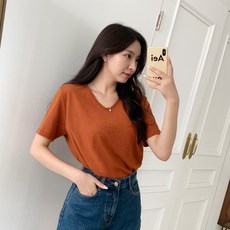 시크블랙 여성용 통기성 아르티 브이넥 린넨 베이직 반팔 티셔츠 cpt12867k35