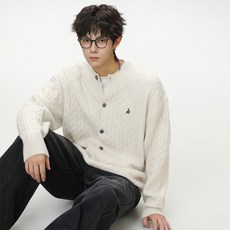 Seonbit 男款 Vernell 日常素色圓領寬鬆麻花針織開襟衫