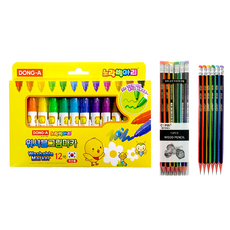 Dong-A 可水洗記號筆黃色小雞 12 色 + Tucobi 三角橡皮鉛筆 SG-208 12p 套裝, 混色, 1套
