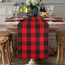 Opyou 北歐風格格紋方形4人桌旗, 黑色 + 紅色, 183 x 33 cm