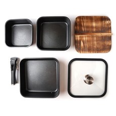 PAWIE IH爐適用不沾方形鍋具 6件組, 混合顏色, 鍋18cm+20cm+24cm+魔把+竹蓋+玻璃蓋