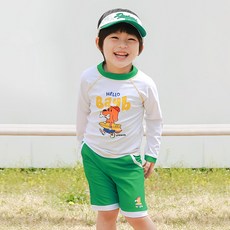 嬰幼兒蠟筆綠防曬泳衣上下裝 + 泳帽套組