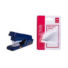 deLi 得力 換芯按鈕釘書機 適用33號釘書針 E0476 + 迷你1孔打孔機 E0111, 藍色(釘書機), 隨機出貨(打孔機), 1套