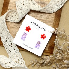 孩童小熊花朵耳環2件組