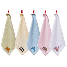 SOFT TOUCH 竹纖維卡通刺繡掛式毛巾, 1組, 粉色+黃色+藍色+白色+綠色