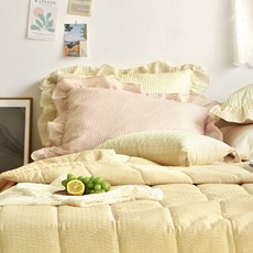 PRIELLE 素色荷葉邊絎縫泡泡紗春秋兩用被, 檸檬黃