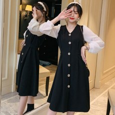 孕婦泡泡袖排扣連身裙