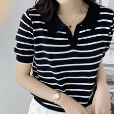 TheSirup 女款透氣Polo衫修身條紋針織短袖T恤