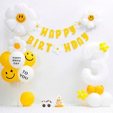 피앤비유니티 데이지 가랜드 숫자기둥 생일풍선 + 모자 + 안경세트, 화이트 숫자대3, 1세트