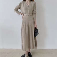 TANIZ Eto'o 配腰帶褶襉 針織長連衣裙, 米色