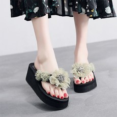 女款 豐盈花朵 厚底拖鞋 坡跟涼鞋 人字拖 6cm, 250, 綠色