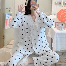 孕婦蕾絲領圓點兩件式哺乳睡衣