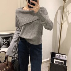 MarketA 女款肩部不對稱素色針織長袖T恤 M263-0003GRXL