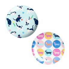 印花圓形餐盤 L號 2入, 1組, 臘腸狗款+貓咪款