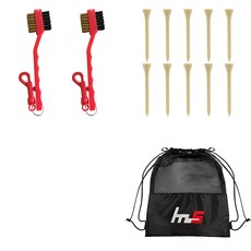 NAYASTYLE 高爾夫球桿頭清潔器 2入 + 木質高爾夫長球梯 10入 + 收納袋組合 GFYP-32-1 + 182-3PU, 混合顏色