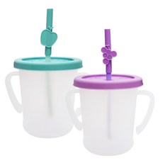 AGAFURA Magic系列雙耳防漏吸管杯 S 300ml 2入+水果造型矽膠護嘴套 2入 隨機出貨, 薄荷綠+紫色, 1組