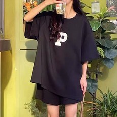 레몬소울 여성용 P 로고 포인트 반팔 티셔츠 + 밴딩 반바지 세트