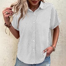 Elsso 女款捲袖圓點翻領短袖襯衫