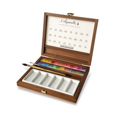 SENNELIER 申內利爾 塊狀固體水彩 + 松鼠毛水彩筆 + 貂毛水彩筆 + 木盒套組 N131614, 24色