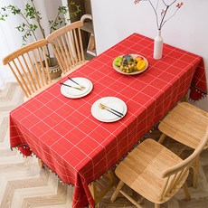 Maket Gamseong 聖誕格紋流蘇裝飾桌布, 1個, 紅色, 140 x 90 cm