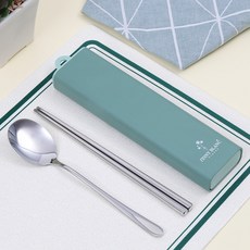 TINNY BLANC STEADY 無噪音便攜式不鏽鋼餐具組, 1套, 湯匙 + 筷子 + 收納盒, 綠色
