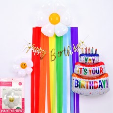 PARTYSHOW 彩虹 Rainbow 拉旗 花朵氣球 生日派對 3層蛋糕 套組, 1套, 混合色