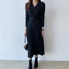 TANIZ Eto'o 配腰帶褶襉 針織長連衣裙, 黑色