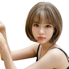 GabalNara 女用蕾絲頭皮空氣瀏海中長鮑伯頭全頂假髮 S, 深米棕色, 1個