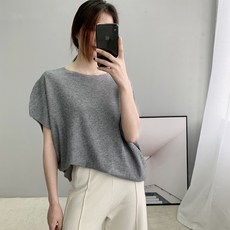 LKH 女款寬鬆圓領短袖露肩針織衫