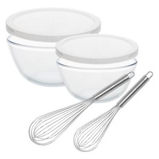bella cuisine Oven Glass 耐熱玻璃攪拌碗2件組 + 不鏽鋼打蛋器2件組, 1套, 攪拌碗2件 + 打蛋器2件