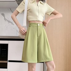 페이토 여성용 하이웨스트 와이드핏 5부 반바지