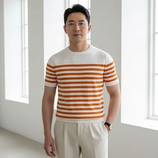 INFIOUS 男士彩色條紋夏季短袖針織衫 I263-0203