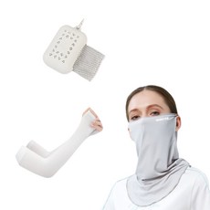 掛耳式涼感護頸面罩+涼感袖套+涼感運動巾, 淺灰色（口罩）、白色（toshi、毛巾）