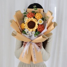 마켓피아 DIY 니트꽃 영생화 + 포장재료, 1개, 26 노란색 + 오렌지 + 우유 + 커피(부케)
