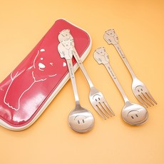 Table Art 兒童金老虎湯匙 2入+叉子 2入+餐具袋, 紅色(餐具盒), 1組