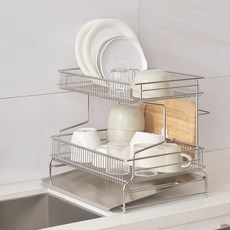 PureCell 優質304全不鏽鋼瀝水餐具瀝水架 B 正面斜式, 銀色, 1個, 2層