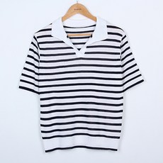 빼빼 여성용 통기성 린넨혼방 스트라이프 카라넥 반팔 니트티셔츠