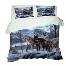 冬季狼被套+枕頭套 2入組, 混合顏色