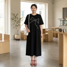 MarketA 女款蝴蝶結飾大尺碼短袖連身裙 M263-0719B, 黑色