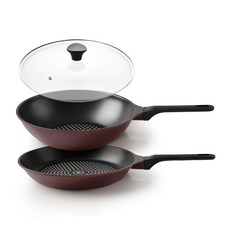 廚房藝術 紅酒系列 平底鍋 3件組, 平底鍋28cm+炒鍋28cm+玻璃鍋蓋28cm, 混色, 1組