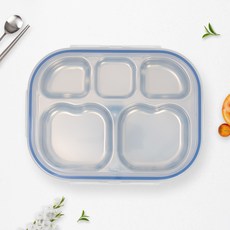 RAONNURI 高品質全不鏽鋼5格便攜密封餐盤 A款 + 蓋子組合, 藍色