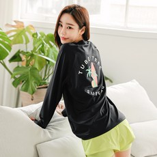 TUBE TREE 女款棕櫚樹字母印花T恤+內襯短褲 BEBL7207GPA, 黑色(衣服)+螢光綠(褲子)