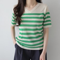 제니트 여성용 기본핏 브이넥 캐주얼 스트라이프 랩소브이단 반팔 니트 n1847